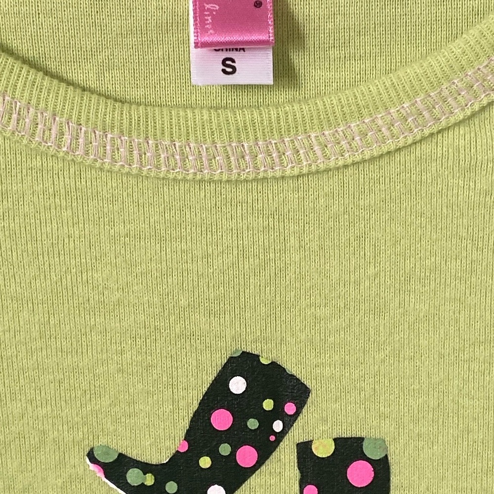 HUE Lime Green Tee Accented with Pink and Black Polka Dot Boot Appliqué - Picture 3 of 7